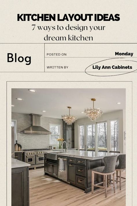 Check out this list of seven different kinds of kitchen Layout ideas that have been popular in recent years, along with examples from some beautiful Kitchen remodels we have done. #kitchenremodel #homerenovation #blogpost #dreamhome #homeimprovement #shakercabinets #cabinetry #hardware #cabinethardware #dreamkitchen Kitchen Cabinetry Layout, Large Kitchen Layout, Kitchen Blueprints, Dream Kitchen Layout, Kitchen Layout Ideas, Accessible Kitchen, Lily Ann Cabinets, Kitchen Cabinet Layout, Cabinetry Hardware