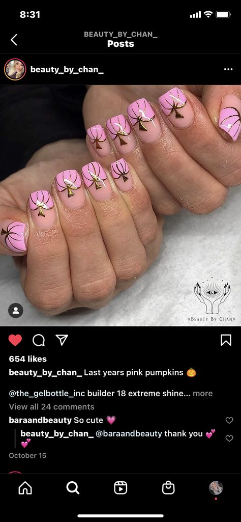 Pumpkin Nails Square, Pink Pumpkin Nail Design, Fall Nails Acrylic Short Pumpkin, Pinktober Nails, Pink Pumpkin Nails, 3d Acrylic Pumpkin Nails, Pumpkin Nail Designs, Pumpkin Nails, Pink Pumpkin