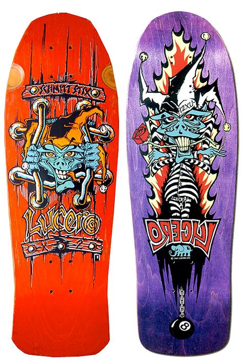 John Lucero by Schmitt Stix (left) and Black Label (right). I skated the exact deck on the left in 1987. Rob Roskopp, Skateboard Graphics, Classic Skateboard, Old School Skateboards, Skateboard Deck Art, Skate Stickers, Skateboard Art Design, Nerf Party, Skate And Destroy