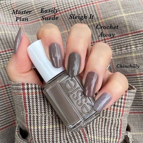 Rachel • essieyall on Instagram: "Comparison post for @essie {Sleigh It} 🤍 No dupes! Crochet Away looks most brown, Sleigh It is a deeper gray with only a hint of brown compared to Crochet. Easily Suede is a mid toned grey with the tiniest hints of brown (which do not really show here next to Crochet Away!). Chinchilly is much lighter and has hints of purple. Master Plan is a light taupe grey. Such a cosy lineup ☺️" Essie Sleigh It, Essie Chinchilly, Violet Nail Polish, Grey Nail Polish, Cute Nail Colors, Gray Polish, Sinful Colors, Gray Nails, Taupe Grey