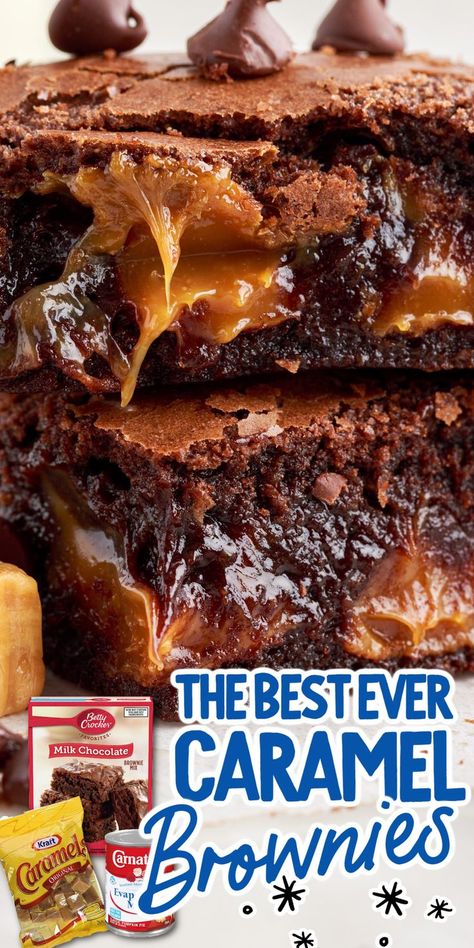 two caramel brownies stacked on each other plus the ingredients beside it Best Caramel Brownie Recipe, Easy Salted Caramel Brownies, Oreo Caramel Brownies, Caramel Pecan Brownies Recipe, Caramel Topped Brownies, Gooey Caramel Brownies, Brownie Recipes With Caramel, Brownie Recipes Caramel, Desserts With Chocolate And Caramel