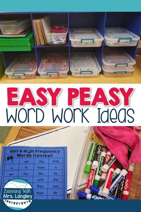 Word work in kindergarten, first grade, or even 2nd can be easy with these Daily 5 activities. Students use a variety of materials to work with words. Whether you are using this for centers, a hands on option for stations, or just some easy games to play with words during the day these ideas are a big hit! Organization is simple, there are NO COPIES to make, and your students will become better readers in no time. #kindergartenclassroom #wordwork #centers Centers First Grade, Daily 5 Activities, Word Work Stations, Reading Stations, Word Work Centers, Reading Street, Word Work Activities, Kindergarten Centers, First Grade Reading