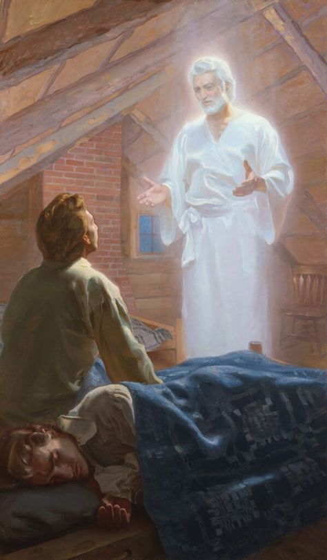 Three years after Joseph Smith’s First Vision, God sent the angel Moroni to instruct Joseph about restoring the gospel of Jesus Christ. “He called me by name, and said unto me that he was a messenger sent from the presence of God to me, and that his name was Moroni; that God had a work for me to do.” Learn more lds.org/topics/joseph-smith/testimony; facebook.com/TheProphetJosephSmith. Art credit: The Angel Moroni's First Visit; Linda Curley Christensen, Michael Malm. #TruthRestored Sacred Grove, Lds Church History, Angel Moroni, Faith Based Art, Welcome Center, Sacred Groves, Jesus Artwork, Church Pictures, Lds Art