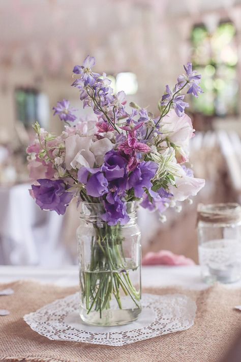 Wedding Flowers Table, Purple Mason Jars, Cottage Flowers, Purple Wedding Theme, Flowers In Jars, Lilac Wedding, Simple Centerpieces, Purple Wedding Flowers, Wedding Table Flowers