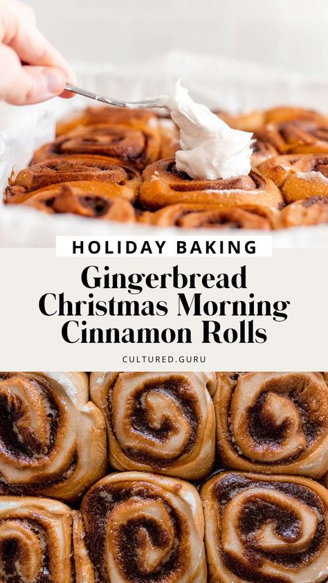 The perfect Christmas morning cinnamon rolls. These sourdough cinnamon rolls are filled with a molasses cinnamon and ginger mixture for the best gingerbread cinnamon roll flavor. You'll want to make these gooey, moist, warm and sweet gingerbread cinnamon rolls for every Christmas morning breakfast. Christmas Morning Cinnamon Rolls, Morning Cinnamon Rolls, Gingerbread Cinnamon Rolls, Cinnamon Rolls Christmas, Sweet Gingerbread, Breakfast Baking, Cinnamon Rolls From Scratch, Sourdough Cinnamon Rolls, Xmas Recipes