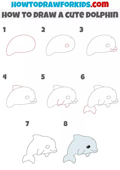 Dolphin Drawing, Cartoon Dolphin, Cute Dolphin, Baby Dolphins, Cartoon Drawings Of Animals, Easy Drawing Tutorial, Drawing Tutorials For Kids, Easy Drawings For Kids, Drawing Tutorial Easy