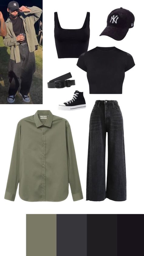 BTS Jongkook inspired outfit for women 
Black cropped top with wide leg jeans 
High top sneakers in black 
Black cap 
Military green button down shirt as a jacket 
Black belt with black buckle Suga Outfit Ideas, Suga That That Outfit, How To Dress Like Jungkook, Jungkook Clothes Aesthetic, Jk Fashion Style, Jungkook Cargo Pants Outfit, Jimin Outfit Ideas, Jk Clothes Style, Jimin Clothes Style