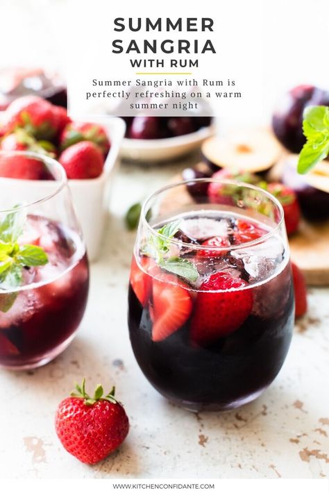 Summer Sangria with Rum is perfectly refreshing on a warm summer night thanks to the combination of wine and rum with summer fruits and lime soda. This sangria is easy to make so you can keep relaxing with your guests at your next barbecue or brunch. Enjoy all summer long!  #sangria #wine #rum #red #recipes #summer #kitchenconfidante Malibu Sangria Recipes, Sangria With Gin, Summer Red Sangria, Dry Sangria Recipes, Red Sangria Recipes Summer, Sangria With Rum, Brunch Sangria, Sangria Recipes With Rum, Rum Sangria