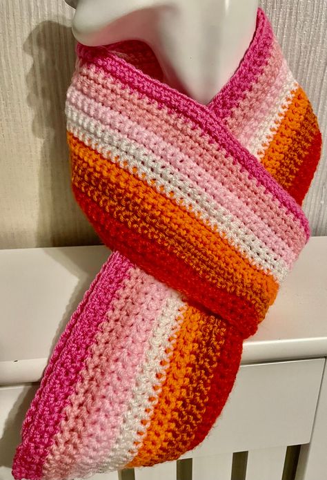 Lesbian Flag Scarf, Rainbow Scarf Crochet Pattern, Crochet Striped Scarf, Gay Crochet, Lgbtq Crochet, Lgbtq Accessories, Lesbian Colors, Crochet Stripe Scarf, Colourful Scarf