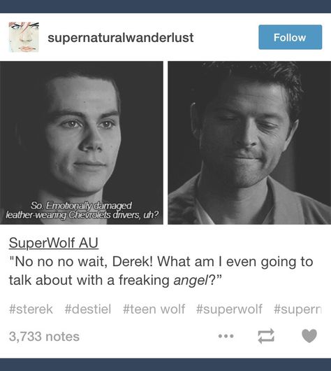 Supernatural X Teenwolf, Supernatural Crossover, Teen Wolf Ships, Teen Wolf Funny, Supernatural Destiel, Supernatural Memes, Fandom Crossover, Supernatural Fandom, Destiel