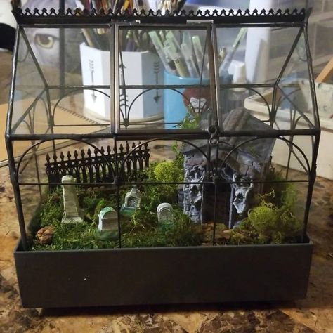 A DIY 'Cemetarium' Puts A Spooky Halloween Twist On The Tiny Indoor Gardens Diy Cemeterium, Terrarium Ideas Halloween, Diy Halloween Terrarium, Haunted Greenhouse Halloween, Spooky Village Diy, Cemeterrarium Diy, Cemetary Terrarium Diy, Gothic Fairy Garden, Diy Mini Halloween Village