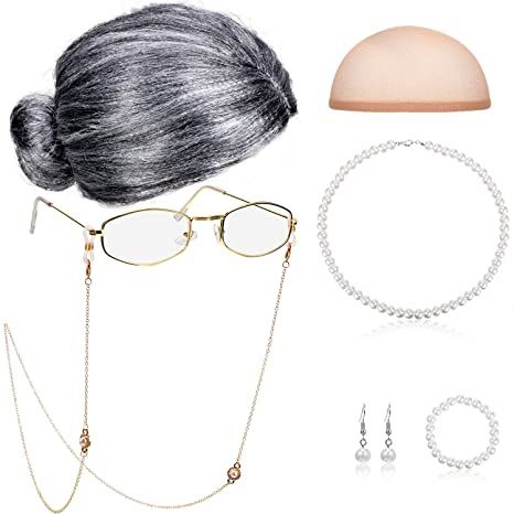 Gray Afro, Grandma Wig, Granny Wig, Granny Glasses, Old Lady Costume, The Woods, Pearl Bead Necklace, Afro Wigs, Old Lady