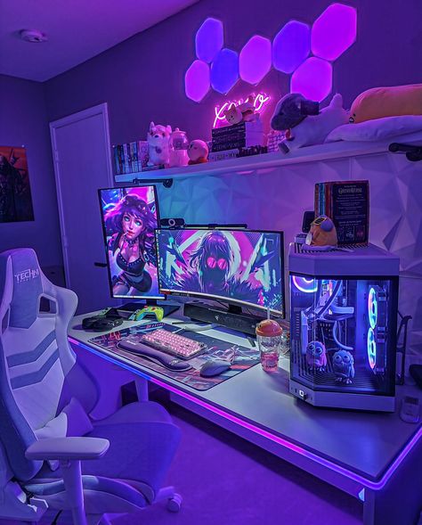 A look at the other side of the room, Jadyn's setup just to mix things up. Hope you all have a good day. Our roof is being replaced and it sounds like I'm at under attack 😅 . . Shot with @samsungus S22 Ultra . . 〰️〰️〰️〰️ SUBSCRIBE TO MY YOUTUBE! youtube.com/c/PhazerOnest Link in Bio 〰️〰️〰️〰️ 👑 @Royalty.rgb Official Member 👑 〰️〰️〰️〰️ Affiliations: @sneakenergy @technisport @vyralteq 〰️〰️〰️〰️ Partners: @schimbolp @itslido @mitchs7n . . # TAGS 〰️〰️〰️〰️ #pcgamingsetup #pcgamer #gamerpc #gami... Budget Gaming Setup, Clean Gaming Setup, Gaming Room Background, Gaming Battlestation, Set Up Gaming, Best Pc Setup, Gaming Setup Bedroom, Cool Gaming Rooms, Gaming Setup Ideas