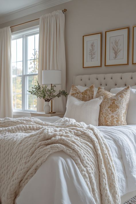 Transform your master bedroom into a haven of luxury with cream and gold decor. Explore ideas for incorporating these colors into your master bedroom design, from elegant furniture and lighting to soft textures and patterns. Discover ways to create a sophisticated and inviting space that reflects your personal style. All Neutral Bedroom, King Bed Layering Ideas, Elegant Cozy Bedroom, Cream Gold Bedroom Ideas, White And Gold Bedroom Elegant, White Bedding With Pops Of Color, Off White Bedroom Ideas, Cream Gold Bedroom, Bedroom With Carpet Ideas