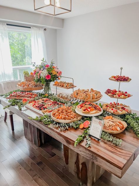 Hors D’oeuvres Table Set Up, Dinner Party Grazing Table, Buffet Food Table Ideas Decor, Wedding Horderves Table, Brunch Grazing Table Ideas Diy, Wedding Food Table Display, Elegant Snack Table, Afternoon Tea Buffet Table, Afternoon Tea Charcuterie Board