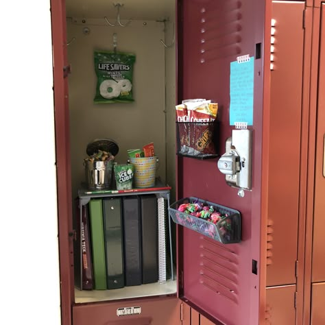 Middle School.  Locker Goals.  Locker Organization.  Teenager Goals.  Back To School. Snack Locker Ideas, Loker Ideas Schools, Snack Locker School, High School Locker Ideas, Locker Set Up, Locker Decorations Aesthetic Middle School, School Locker Aesthetic, Work Locker Ideas, Small School Locker Organization