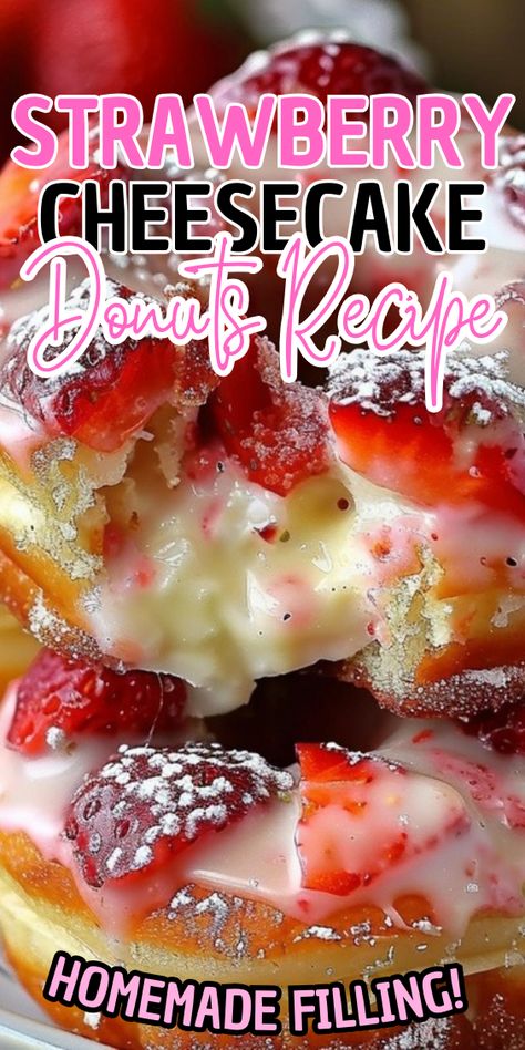 Strawberry Cheesecake Donuts Strawberry Cream Cheese Donut, Cheesecake Donuts Recipe, Strawberry Cheesecake Stuffed Doughnut, Strawberry Cheesecake Donut, Shortcake Recipes, Strawberry Coulis, Strawberry Shortcake Cheesecake, Homemade Graham Cracker Crust, Strawberry Donuts