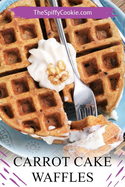 What's better than carrot cake for dessert? Carrot cake waffles for breakfast! After all, there's carrots in here so they are good for you, right? But don't forget the maple cream cheese topping! Just in time for #NationalCarrotDay today. #homemadewaffles #carrotcake #thespiffycookie #waffles #carrotday #maplecreamcheese Easter Themed Recipes, Carrot Cake Waffles, Cake Waffles, Granola Muffins, Waffles For Breakfast, Carrot Raisin Salad, Carrot Cake Loaf, Sugar Carrots, Candied Carrots