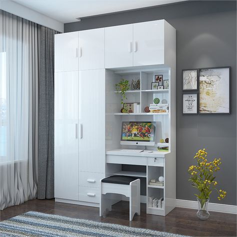 Wardrobe With Computer Table, Almirah With Study Table, Kids Cupboard Design, Wardrobe With Study Table Design, Contemporary Study Table, Wall Almirah, Wardrobe Internal Design, Small Study Table, Wardrobe Unit