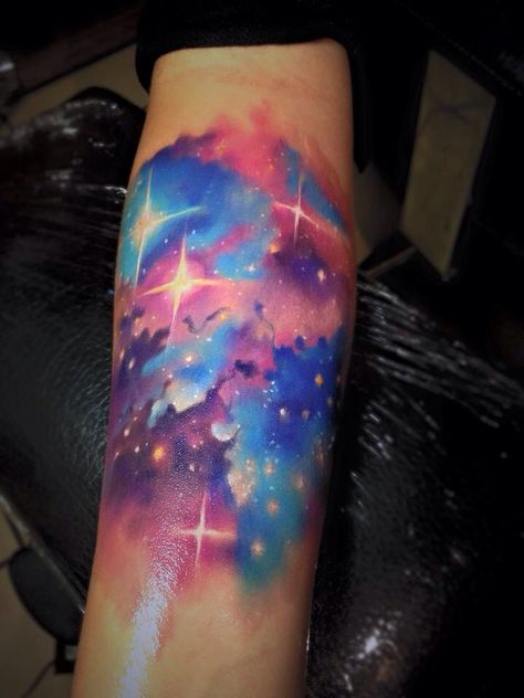 Galaxy Tattoo Sleeve, Watercolor Tattoo Sleeve, Astronomy Tattoo, Lucky Tattoo, Sky Tattoos, Galaxy Watercolor, Universe Tattoo, Studio Tattoo, Circle Tattoos