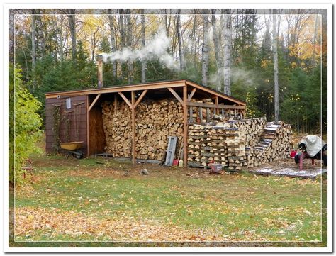 Garage with wood boiler outside | More pics from yesterday ~ out in the woods. Woodshed Ideas, Storing Wood, Outdoor Saunas, Wood Burning Furnace, Bonfire Pit, Outdoor Wood Furnace, Log Shed, Wood Sheds, Wood Furnace