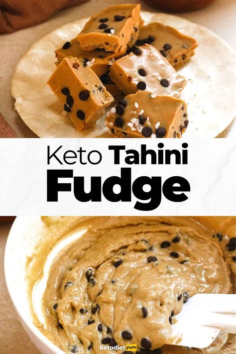 No Bake Tahini Fudge Tahini Fudge, Keto Birthday Cake, Cookie Dough Fudge, Keto Fudge, Chocolate Peanut Butter Fudge, Keto Candy, Sugar Free Maple Syrup, Peanut Butter Cookie Dough, Salty Treats