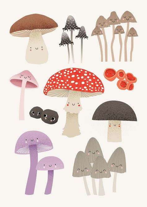 Cute Mushrooms & Fungi Mycology Art Poster Print  Bright and colorful poster print featuring a variety of mushrooms and fungi. Perfect for a natural Montessori nursery or Mushroom Umbrella Illustration, Mushrooms Drawing Cute, Cute Mushroom Illustration, Mushroom Illustration Cute, Mushroom Pottery Painting, Mushroom Painting Ideas, Cute Mushroom Drawing, Mushroom Digital Art, Mushroom Paintings