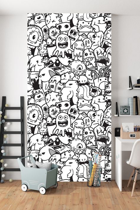 Doodle Wall Painting, Coloring Wallpaper, Diy Wall Mural, Doodles Wallpaper, Garage Mural, Home Studio Design, Black White Wallpaper, Doodle Wall, Wall Murals Diy