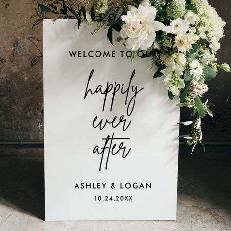 Happily Ever After Party Decorations, Welcome Sign Black And White, Wedding Welcome Sign Black, Wedding Reception Welcome Sign, Reception Welcome Sign, White Minimalist Wedding, Modern Wedding Signs, Wedding Entrance Sign, Happily Ever After Wedding