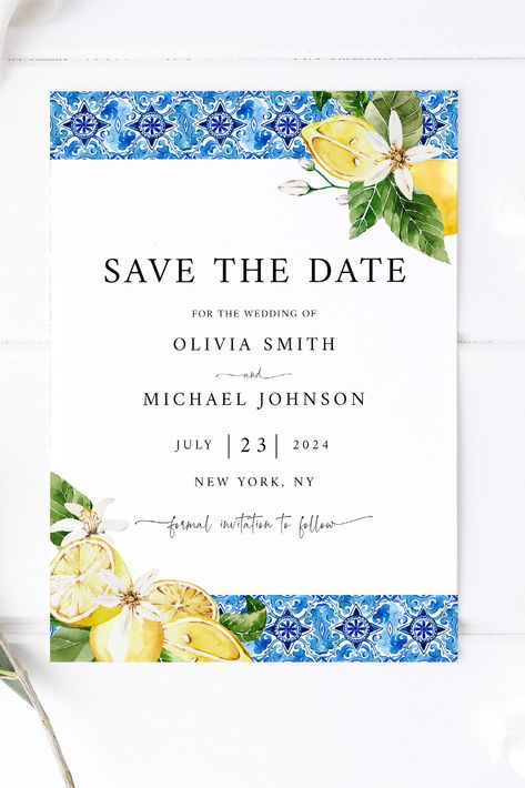 Blue Tiles Lemon Photo Save the Date Card Template, Mediterranean Wedding Save Our Date, Amalfi Coast Tuscan Engagement Announcement W13 Lemon Photo, Lemons Wedding, Amalfi Wedding, Positano Wedding, Save Our Date, Inspirational Board, Mediterranean Wedding, Amalfi Coast Wedding, Photo Save The Date