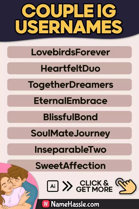 Cute Couple Usernames For Instagram (Generator) Couple Page Name Ideas Instagram, Username For Couple Account, Instagram Couple Name Ideas, Couple Account Names For Instagram, Couple Instagram Username Ideas, Couple Usernames For Instagram, Couple Username Ideas, Couple Names Ideas, Private Accounts Names