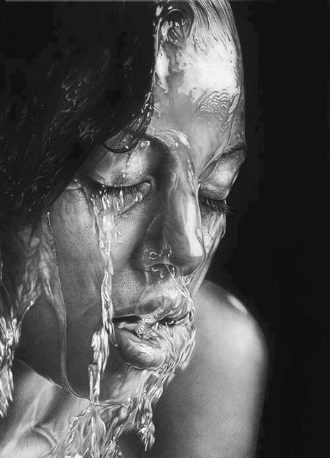 Girl with  water running down face Portrait Au Crayon, Realistic Pencil Drawings, 얼굴 드로잉, Amazing Drawings, Wow Art, Russian Artists, Realistic Art, Pencil Portrait, African American Art