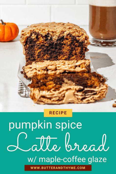 It may be basic, but I absolutely LOVE pumpkin spice lattes. I also love moist pumpkin bread. This pumpkin spice latte bread is the best of both worlds. Strong coffee is added to half of the pumpkin batter and swirled to create a marble look and a balanced flavor that's not sweet or too bitter from the coffee. It's like the texture of super moist banana bread but packed with pumpkin spice and coffee flavor to taste just like a PSL! Then topped with a simple streusel and a maple coffee glaze! Coffee Loaf Cake, Coffee Loaf, Pumpkin Pie Latte, Super Moist Banana Bread, Maple Coffee, Bakery Treats, Coffee Bread, Moist Pumpkin Bread, Pumpkin Loaf