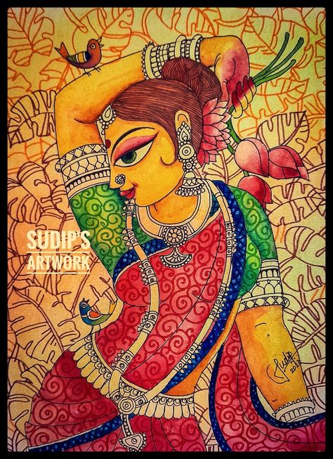 Madhubani Lady, Creative Pencil Art, Shree Krishna Art, Fabric Painting Ideas, Round Painting, Aari Work Designs, Kids Art Galleries, Composition Painting, Daily Doodle