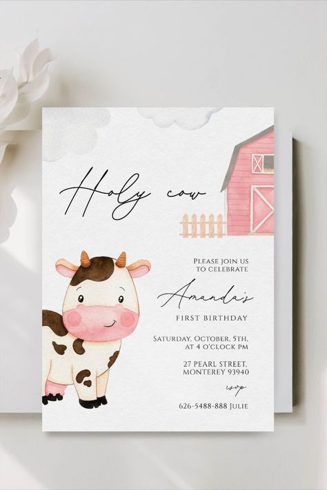 Farm Animals Birthday Party Invitations, Cow 1st Birthday, Cow First Birthday, Donut First Birthday, Barn Birthday Party, Farm Party Invitations, Girls Farm Birthday, Farm Invitation, Cow Birthday Parties