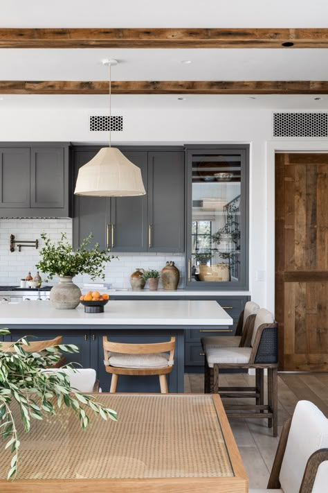 Becky Owens, Newport Beach House, Brooke Wagner, Reclaimed Wood Ceiling, Beach House Tour, Grey Kitchen Island, Front Courtyard, Wood Beam Ceiling, Serene Bedroom