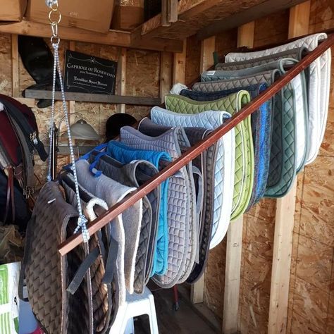 Horse Feed Room Organization, Small Tack Room Organization, Tack Shed Ideas, Horse Blankets Storage, Horse Feed Storage, Horse Feed Room, Dream Barn Stables, Tack Room Organization, Horse Tack Rooms