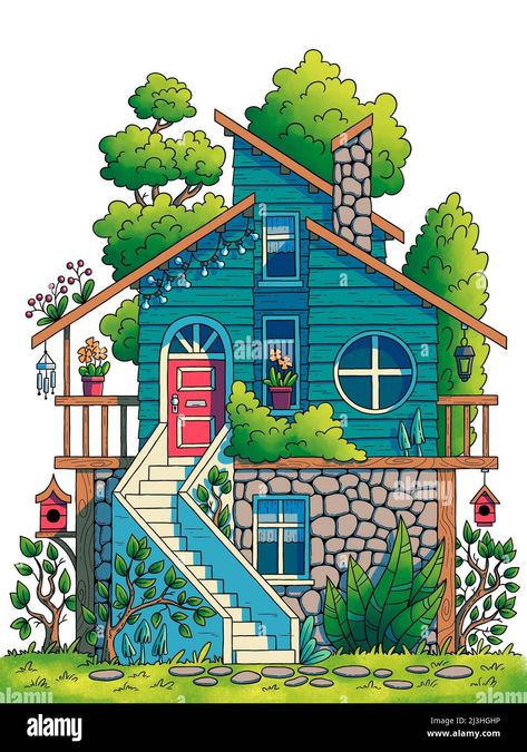 Download this stock image: Hand drawn illustration of a house - 2J3HGHP from Alamy's library of millions of high resolution stock photos, illustrations and vectors. Tree House Art Drawing, Cute Houses Drawings, Cool House Drawings, Doodle Houses Drawing, Full Page Doodle Ideas, House Drawing Aesthetic, Cartoon House Drawing, House Drawing Step By Step, Cute House Drawing