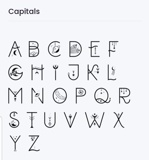 Mystical Fonts Alphabet, Celestial Font Alphabet, Tattoo Fonts Capital Letters, Font Drawing Ideas, Caligraphy Font Alphabet Aesthetic, Space Fonts Alphabet, Fancy Letters Fonts Design, Fantasy Fonts Alphabet, Astrology Font