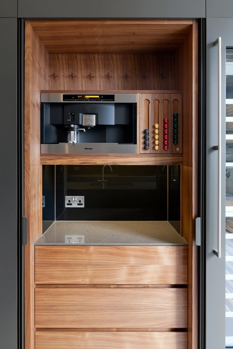 Kuche Pocket Kitchens Kitchen With Hidden Coffee Station, Coffee Station Larder, Kitchen Built In Coffee Machine, Coffee Station Pocket Doors, Inbuilt Coffee Machine Kitchen, Hotel Coffee Station, Coffee Corner Kitchen, Corner Kitchen Pantry, Small Kitchen Pantry