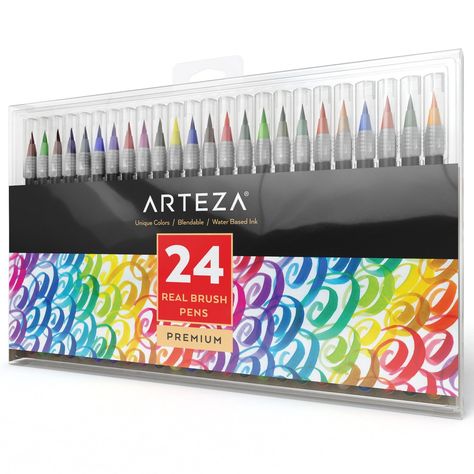 AmazonSmile: Arteza Real Brush Pens - 24-Colors - Water-Based Ink - (Set of 24): Arts, Crafts & Sewing Arteza Watercolor, Water Brush Pen, Watercolor Markers, Watercolor Brush Pen, Art Pens And Markers, Pen Organization, Fineliner Pens, Water Brush, Art Supply Stores