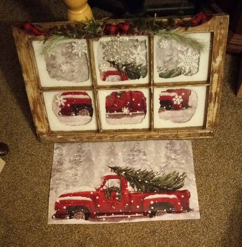 2 Pane Window Ideas, Single Pane Window Crafts, Christmas Old Window Decor, Decorating Old Windows For Christmas, Antique Window Christmas Decor, Mod Podge On Windows, Christmas Window Pane Ideas, Old Window Christmas Ideas Diy Projects, Christmas Window Frame Decor