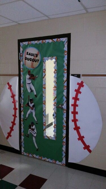 Baseball hallway door each hallway in our school is a sport Baseball Theme Classroom, Baseball Classroom, Class Room Door, Room Door Ideas, School Sports Theme, Classroom Door Decorating, Daycare Projects, Sports Classroom, Sports Theme Classroom