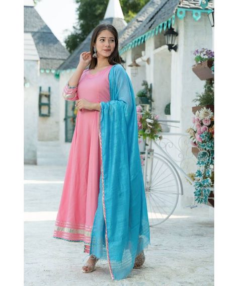 Latest Cotton Kurti Designs, Sky Blue Dupatta, Anarkali Kurta Set, Embroidered Kurtis, Blue Combination, Blue Anarkali, Blue Dupatta, Trendy Winter Outfits, Suit Combinations