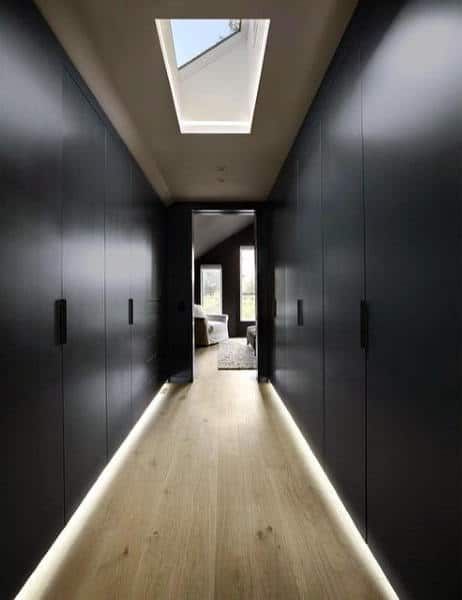 Men Walk In Closet, Luxury Closet Aesthetic, Toe Kick Lighting, Small Closet Room, Walk In Closet Ideas, Contemporary Closet, Skylight Window, Walking Closet, Walk In Closet Design