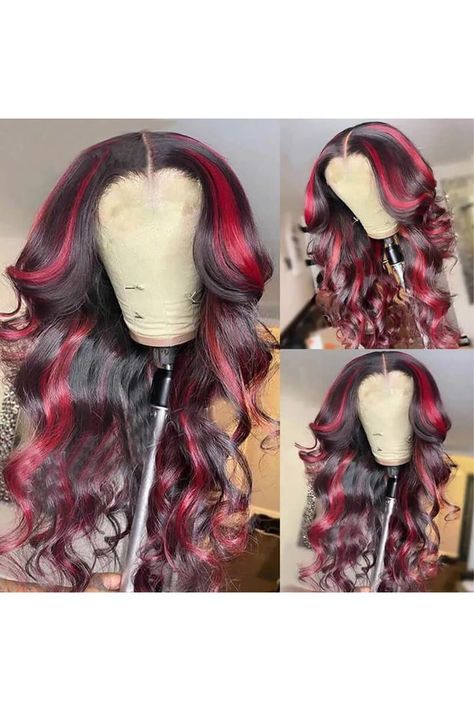 EBAH 200% Density Pre plucked 13x6 HD Transparent Glueless Lace Front Human Hair Wigs for Women Highlight Black Burgundy Colored Body Wave Skunk Stripe Wigs 4x4 Wig, Burgundy Highlights, Black Roots, Black Highlights, Hair Patterns, Lace Frontal Wigs, Curly Human Hair Wig, Best Wigs, Colored Wigs