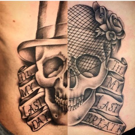 Couples tattoo. Skulls. Ty and Chelle. Til my last day, til my last breath. Skeleton Couple Tattoo, Skull Couple Tattoo, Marriage Tattoos, Him And Her Tattoos, Couple Tattoos Love, Skulls Tattoo, Sister Tattoo Designs, Skull Couple, Wife Tattoo