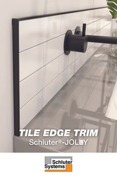 Bathroom Tile Edging Trim, Black Schluter Tile Edge, Tile Backsplash Edge Ideas, Tile Finishing Edges, Tile Corner Trim, Schluter Tile Edge Kitchen Backsplash, Black Schluter Tile Edge Showers, Schluter Tile Edge Showers, Tile Trim In Bathroom