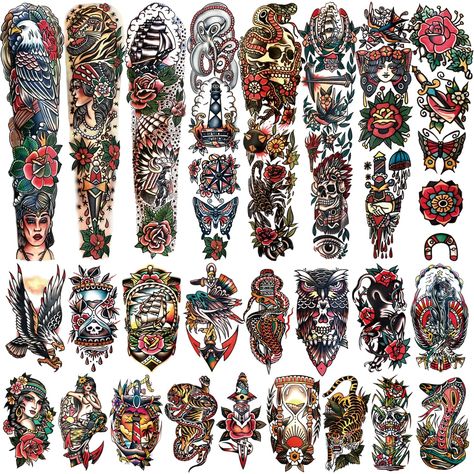 (Promoted) 55 sheets Classic Full Arm Temporary Tattoos Old School Tattoos Stickers, Sailor Jerry Style Fake Tattoo Sleeve, American Traditional Flower Half Arm Temporary Tattoos for Women Men Adults Kids #tattooarm Vintage Tattoo Men, Classic Tattoo Flash, Vintage Tattoo Sleeve, Old School Tattoo Sleeve, Sleeve Filler, Tattoo Sleeve Filler, Persian Tattoo, Christian Sleeve Tattoo, Fake Tattoo Sleeves