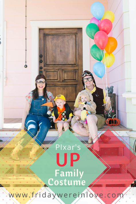 Pixar up family costumes idea. #UpDisneyCostumes #PixarUpCostume #UpHalloween #FridayWereInLove Up Group Costume, Family Up Costume, Up Family Costumes Disney, Pixar Up Family Costumes, Up Halloween Costume Family, Up Characters Pixar Costumes, Up Family Costumes, Up Costume Ideas Russell, Mnsshp 2024